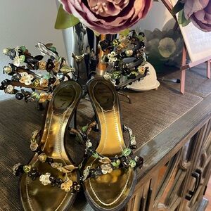Rene Caovilla Black and Gold Floral Heels